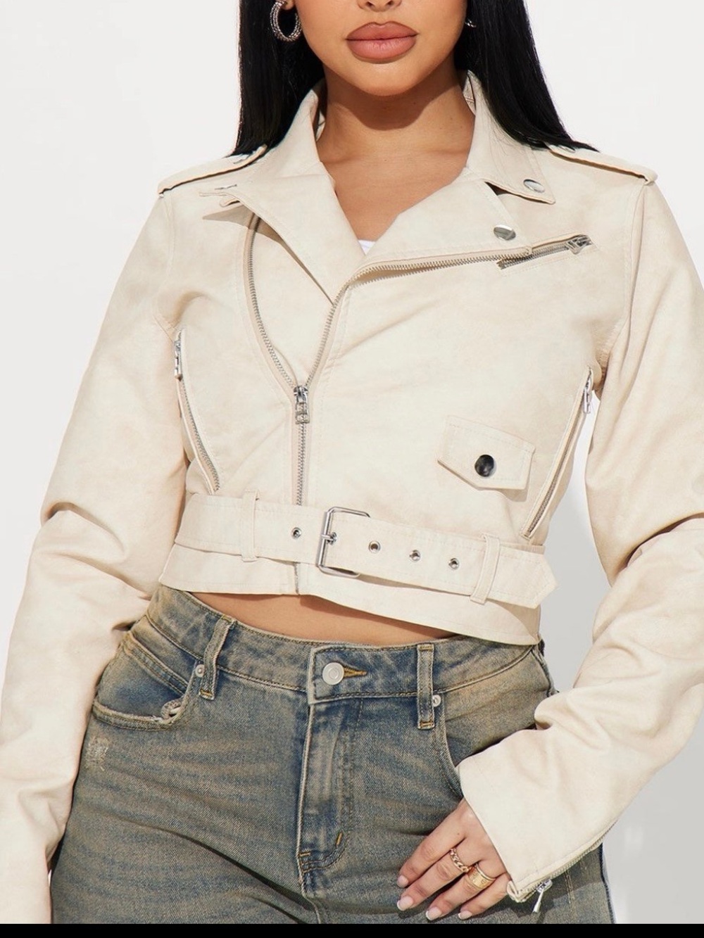 Fashion Nova Cream Cropped Moto Jacket with Belt